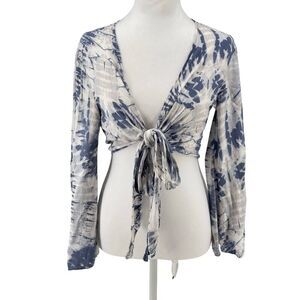 LUUKSE Tie Front Crop Top M Blue Gray Tie Dye Long Sleeve Festival Boho Shirt